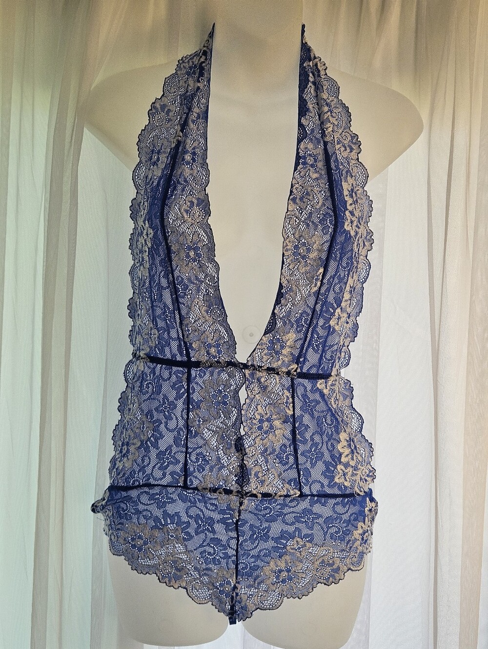 Blue Lace Lingerie Strappy Halter Chemise